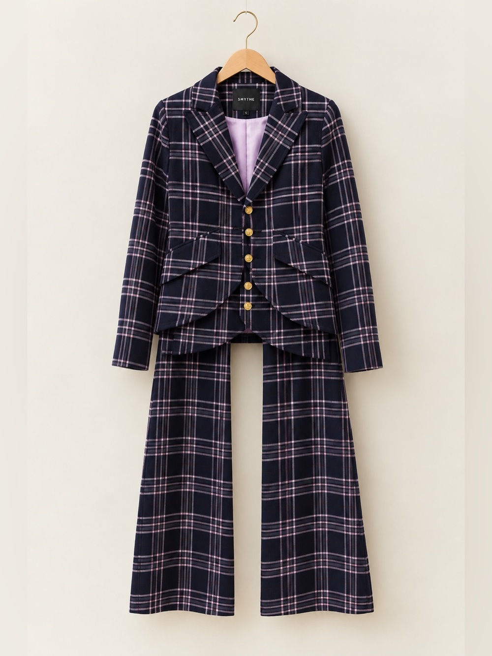 Smythe Duchess Blazer in Navy Plaid Three-Piece Suit Blue & Lavender Size 2/4 - Picture 1 of 11